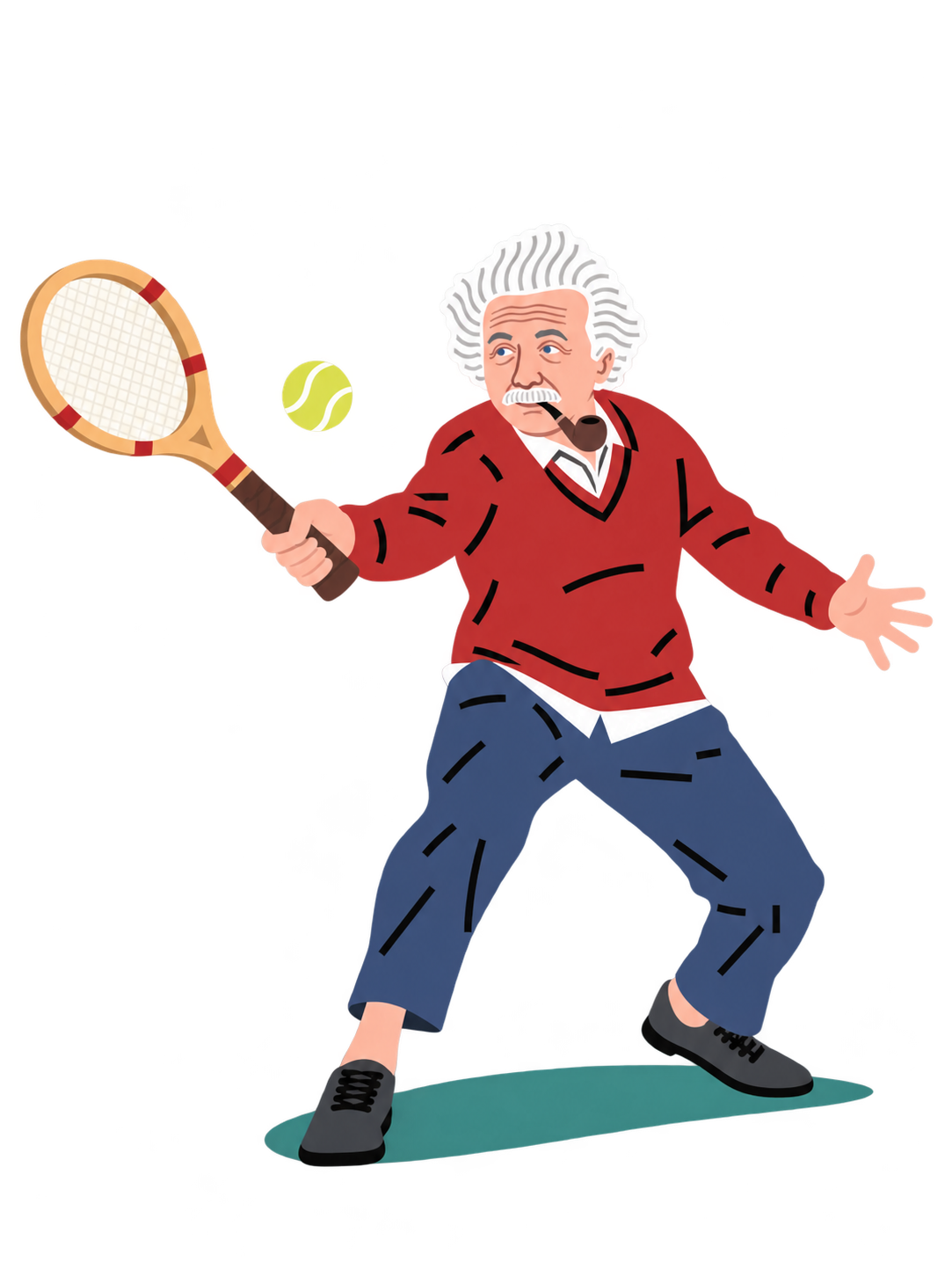 Albert Einstein illustrated mid forehand with a wooden tennis racquet