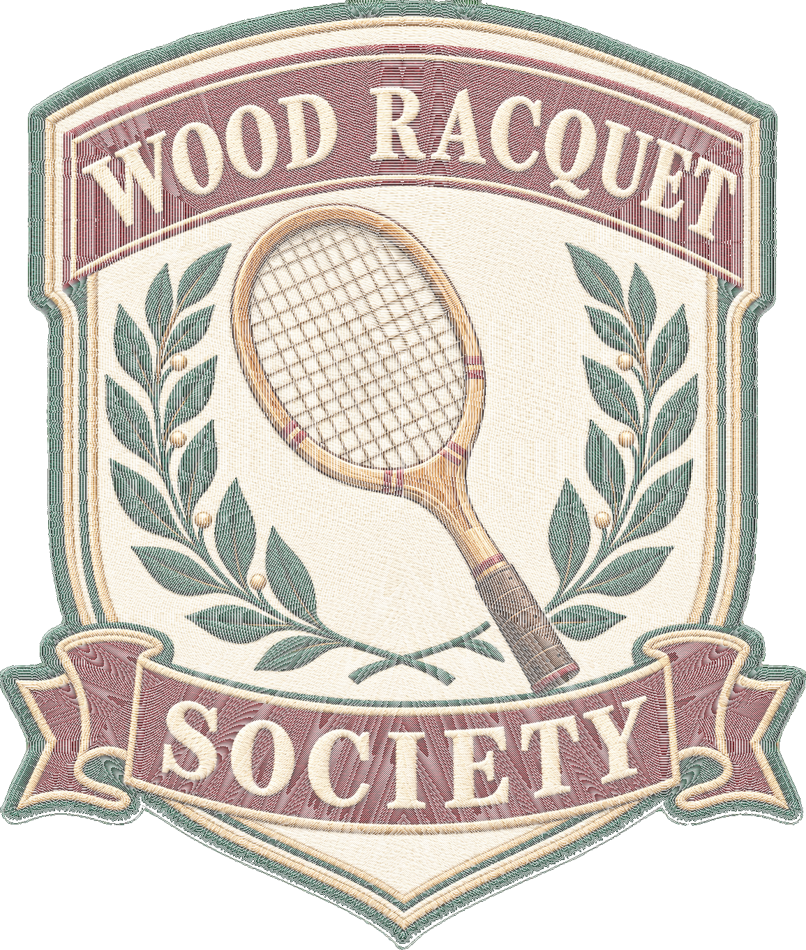 Wood Racquet Society embroidered crest with a wooden tennis racquet and laurel branches