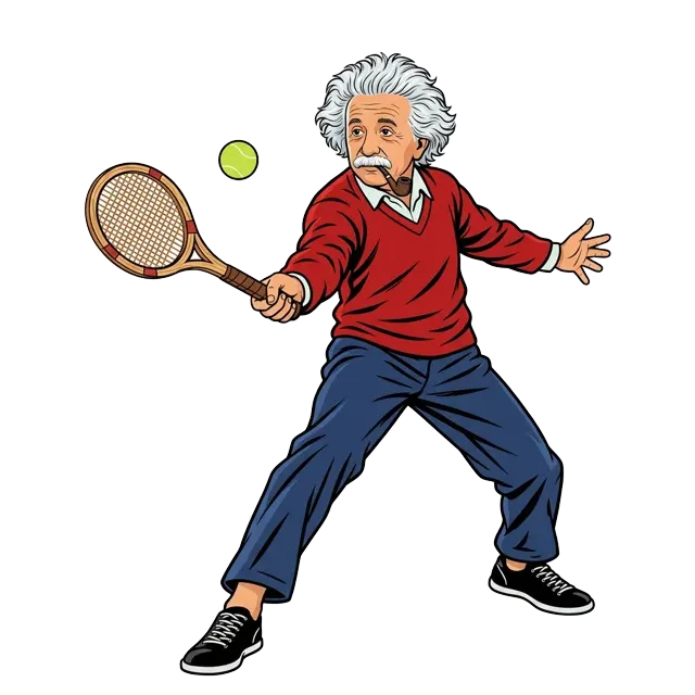 Albert Einstein hitting a forehand with a wooden tennis racquet