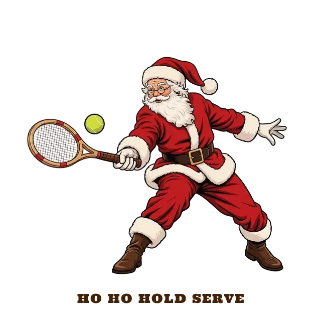 Santa Claus hitting a forehand with a wooden tennis racquet